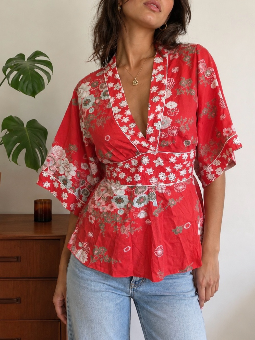 NWT Vintage Y2K Asian Pink Floral Faux Wrap Short Sleeve Top Deadstock 2000s